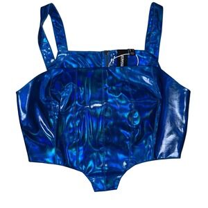 SOMETHINGNEW Blue Holographic Faux Leather Corset Top‎ Strappy Zip